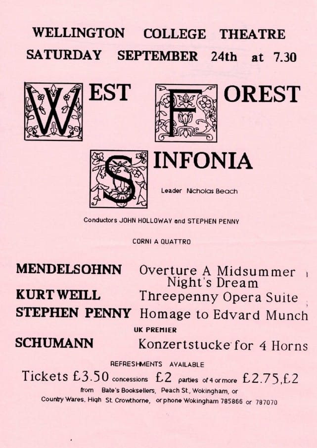Flyer for Mendelssohn, Schumann, Stephen Penny & Kurt Weill on Saturday, 24 September 1988